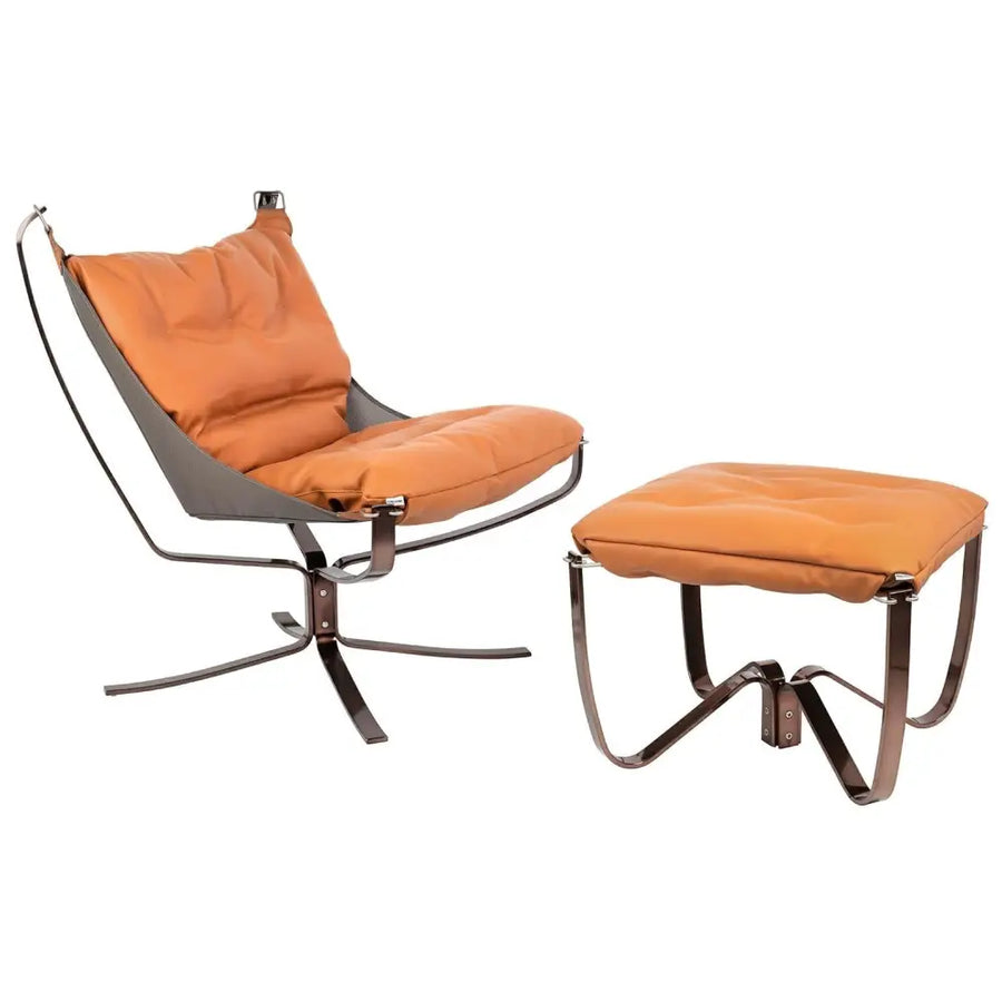 Fåtölj - ARNI LOW med fotpall, orange ekoläder - produktbild av [MGO] Import King Home från King Home | Arvande