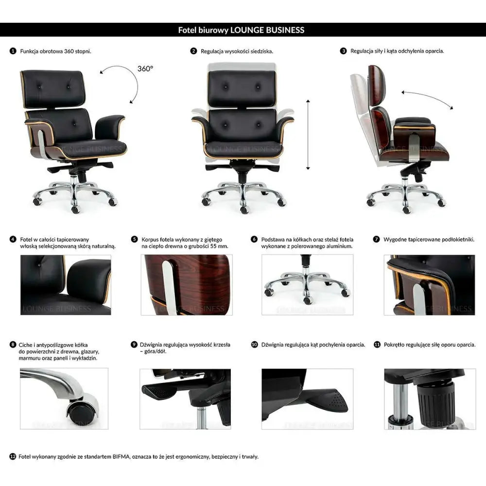 Kontorsstol - LOUNGE BUSINESS, svart naturläder i valnöt – produktbild av [MGO] Import King Home från King Home | Arvande