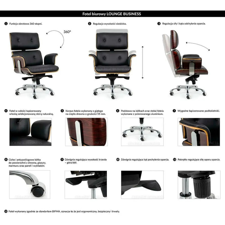 Kontorsstol - LOUNGE BUSINESS, svart naturläder i valnöt – produktbild av [MGO] Import King Home från King Home | Arvande