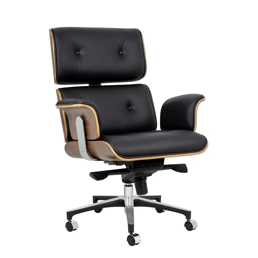 Kontorsstol - LOUNGE BUSINESS, svart naturläder i valnöt – produktbild av [MGO] Import King Home från King Home | Arvande