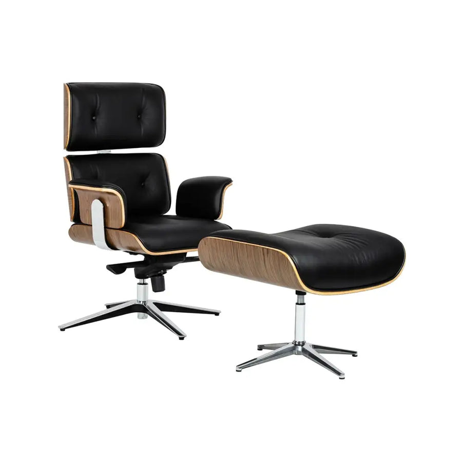 Kontorsstol - LOUNGE BUSINESS, svart naturläder med fotpall i valnöt - produktbild av [MGO] Import King Home från King Home | Arvande
