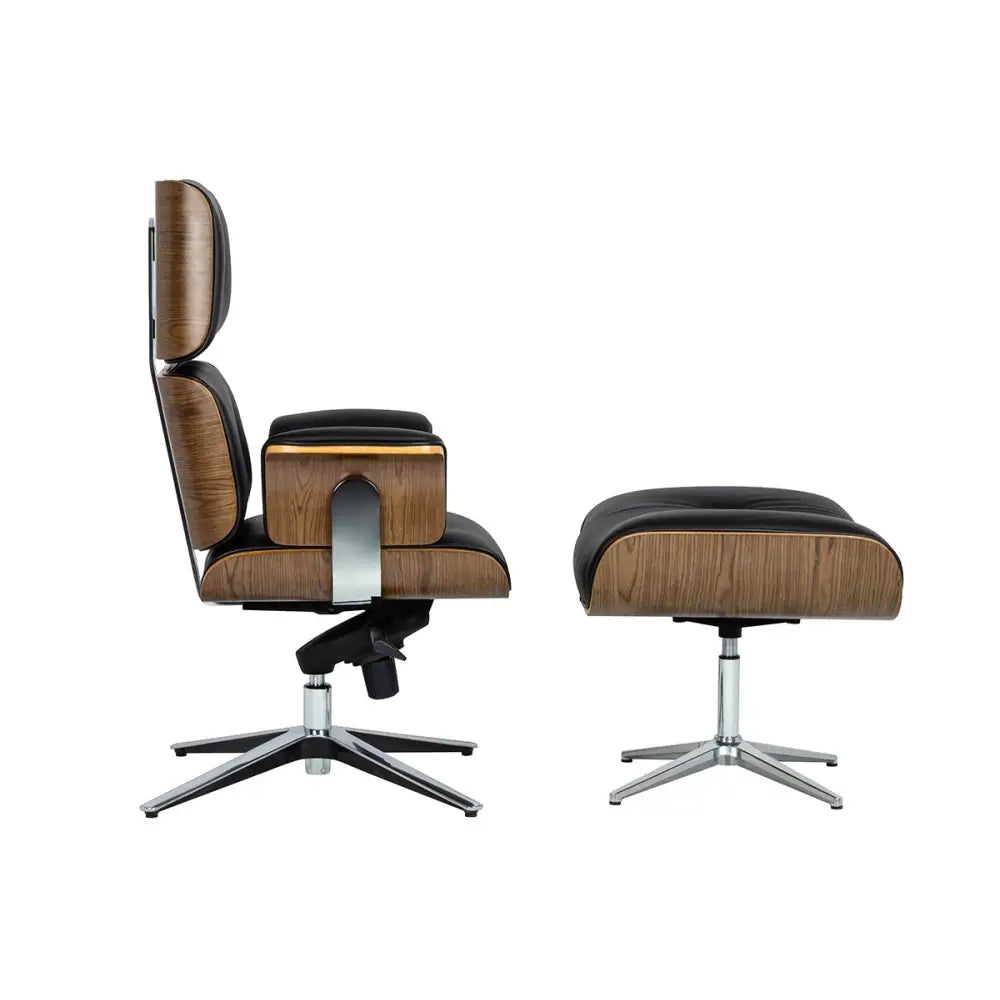Kontorsstol - LOUNGE BUSINESS, svart naturläder med fotpall i valnöt - produktbild av [MGO] Import King Home från King Home | Arvande