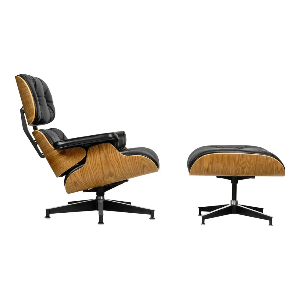 Kontorsstol - LOUNGE HM SOFT PREMIUM WIDE, svart naturläder med fotpall i valnöt - produktbild av [MGO] Import King Home från King Home | Arvande