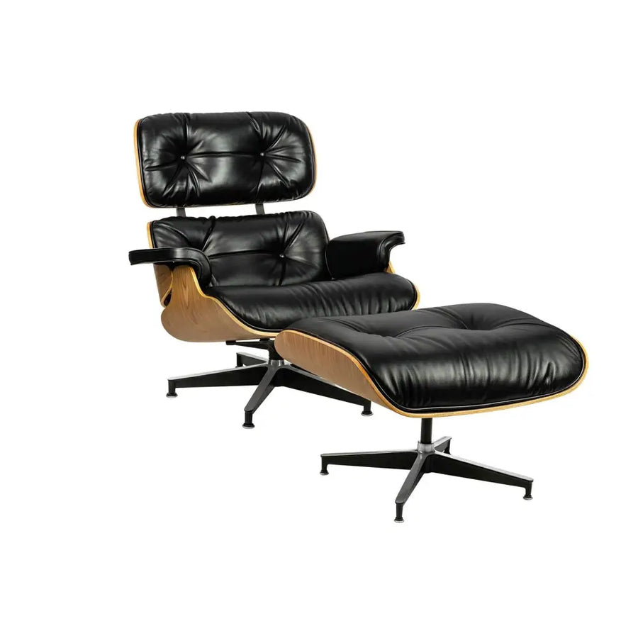 Kontorsstol - LOUNGE HM SOFT PREMIUM WIDE, svart naturläder med fotpall i valnöt - produktbild av [MGO] Import King Home från King Home | Arvande