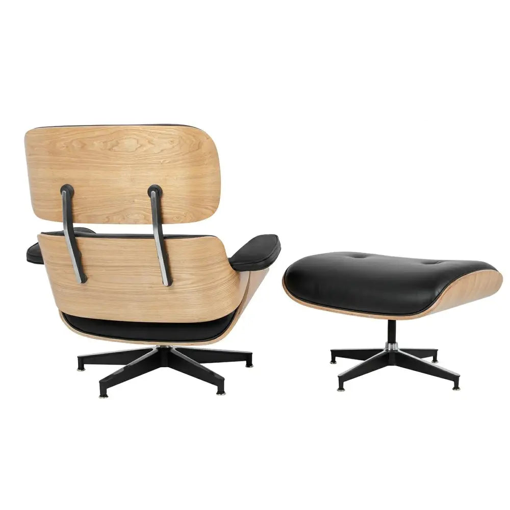 Kontorsstol - LOUNGE HM, svart naturläder med fotpall i askträ - produktbild av [MGO] Import King Home från King Home | Arvande
