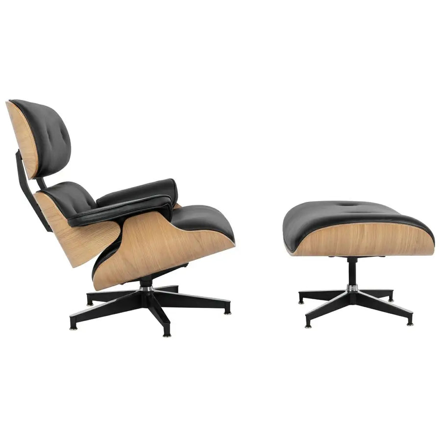 Kontorsstol - LOUNGE HM, svart naturläder med fotpall i askträ - produktbild av [MGO] Import King Home från King Home | Arvande