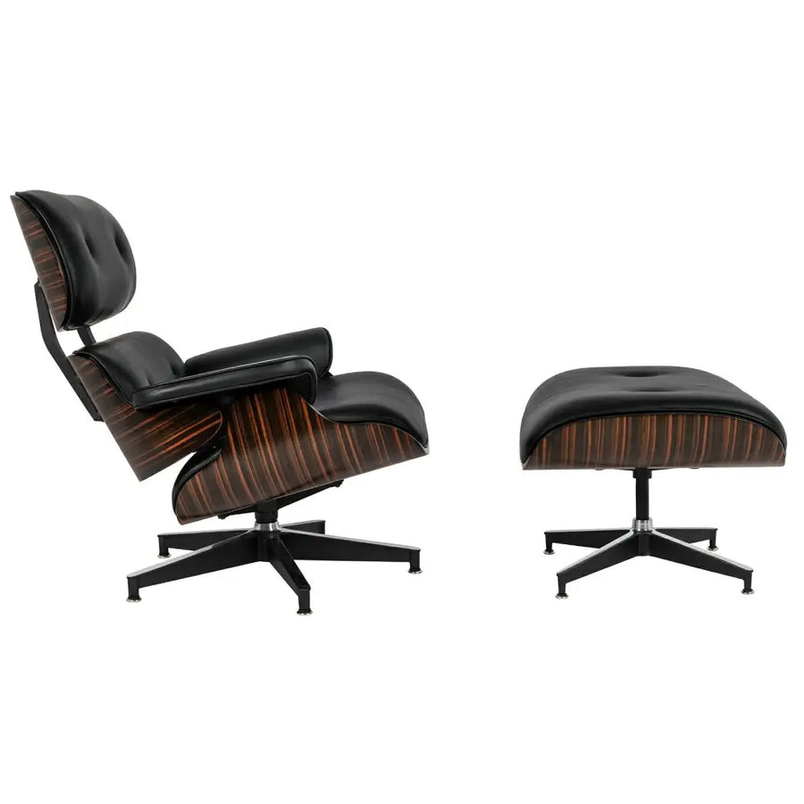 Kontorsstol - LOUNGE HM, svart naturläder med fotpall i ebenholtsträ - produktbild av [MGO] Import King Home från King Home | Arvande