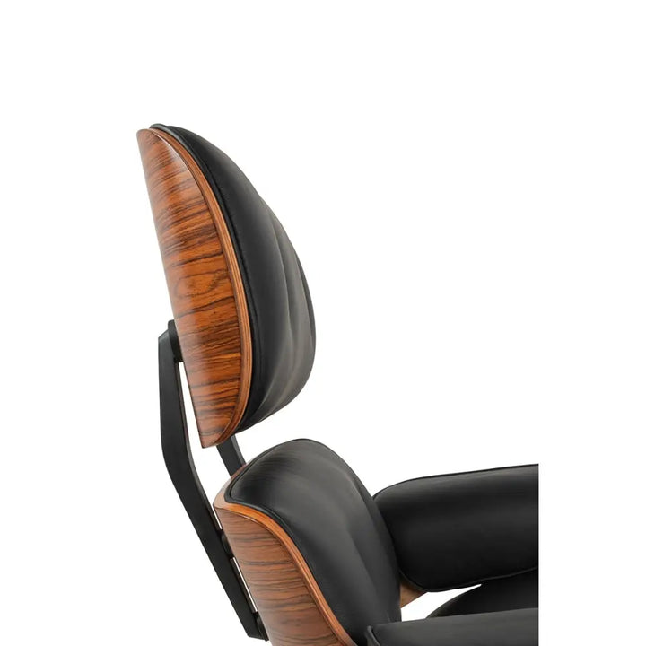 Kontorsstol - LOUNGE HM, svart naturläder med fotpall i rosenträ - produktbild av [MGO] Import King Home från King Home | Arvande