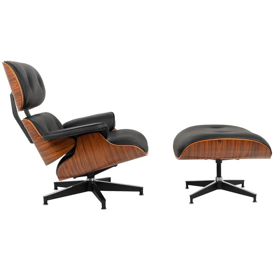 Kontorsstol - LOUNGE HM, svart naturläder med fotpall i rosenträ - produktbild av [MGO] Import King Home från King Home | Arvande
