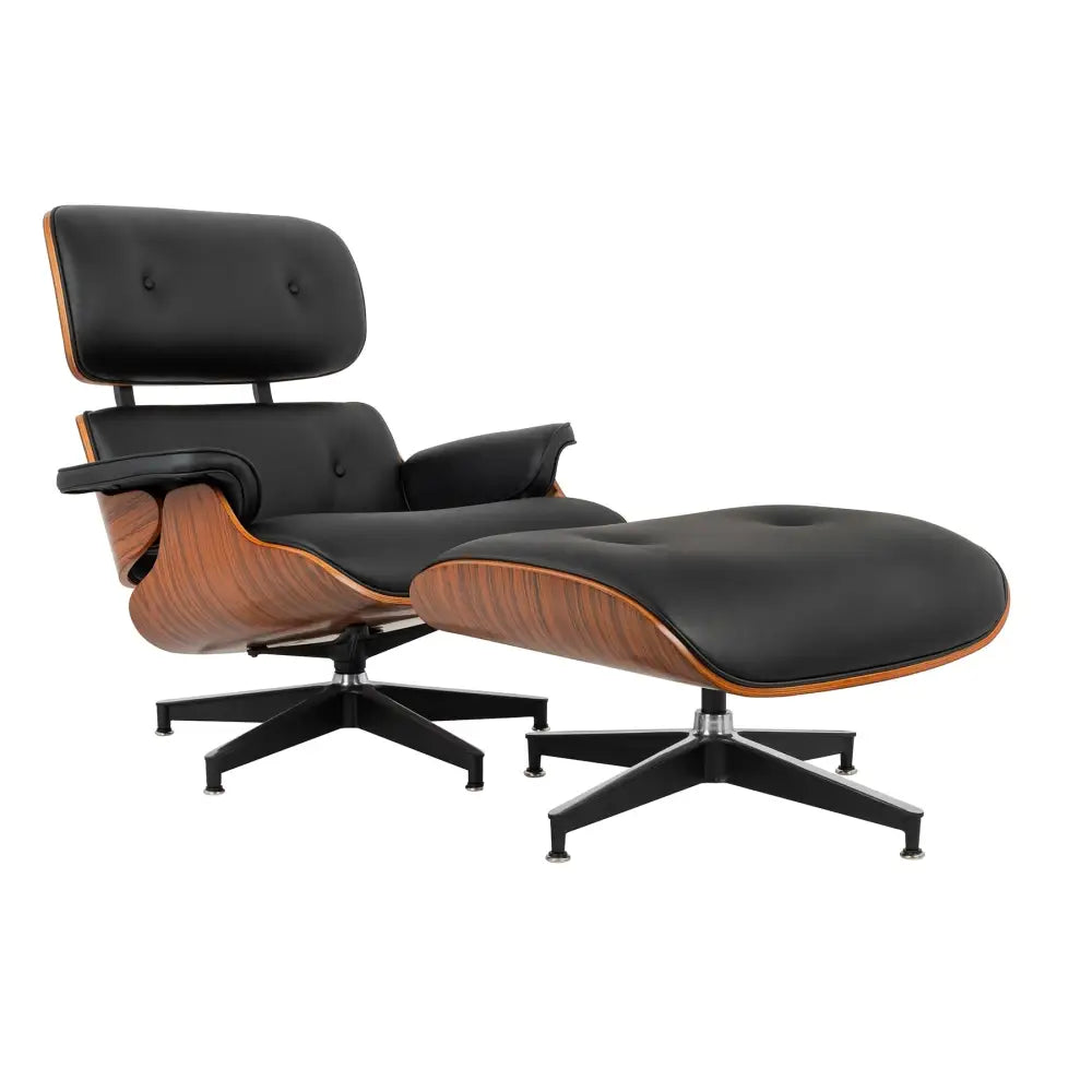 Kontorsstol - LOUNGE HM, svart naturläder med fotpall i rosenträ - produktbild av [MGO] Import King Home från King Home | Arvande