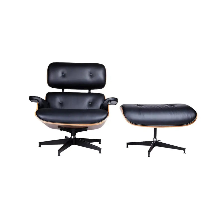 Kontorsstol - LOUNGE HM, svart naturläder med fotpall i valnöt - produktbild av [MGO] Import King Home från King Home | Arvande