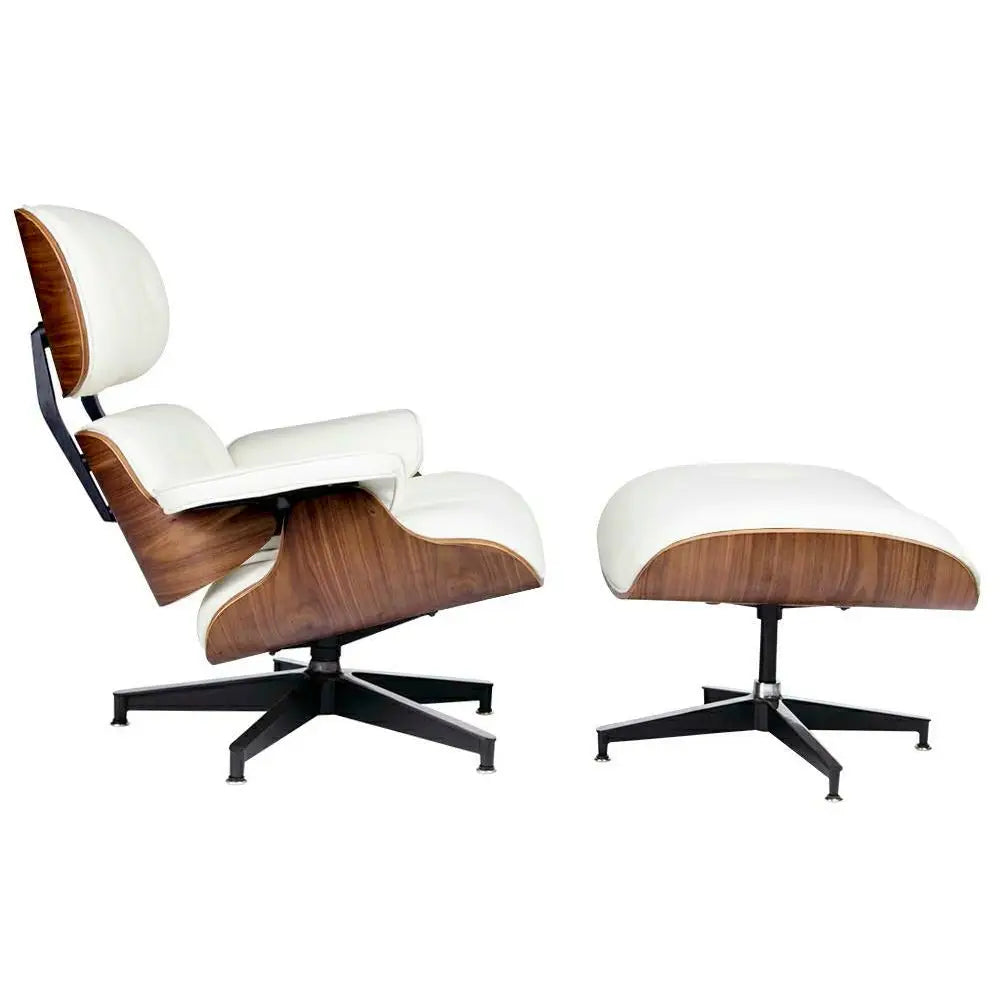 Kontorsstol - LOUNGE HM, vit naturläder med fotpall i valnöt - produktbild av [MGO] Import King Home från King Home | Arvande