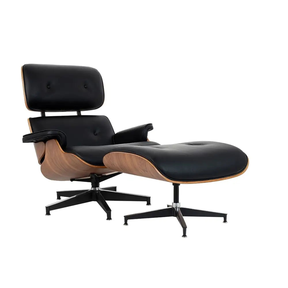 Kontorsstol - LOUNGE HM XL, svart naturläder med fotpall i valnöt - produktbild av [MGO] Import King Home från King Home | Arvande