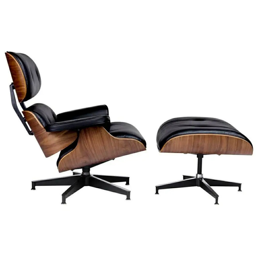 Kontorsstol - LOUNGE HM XL, svart naturläder med fotpall i valnöt - produktbild av [MGO] Import King Home från King Home | Arvande