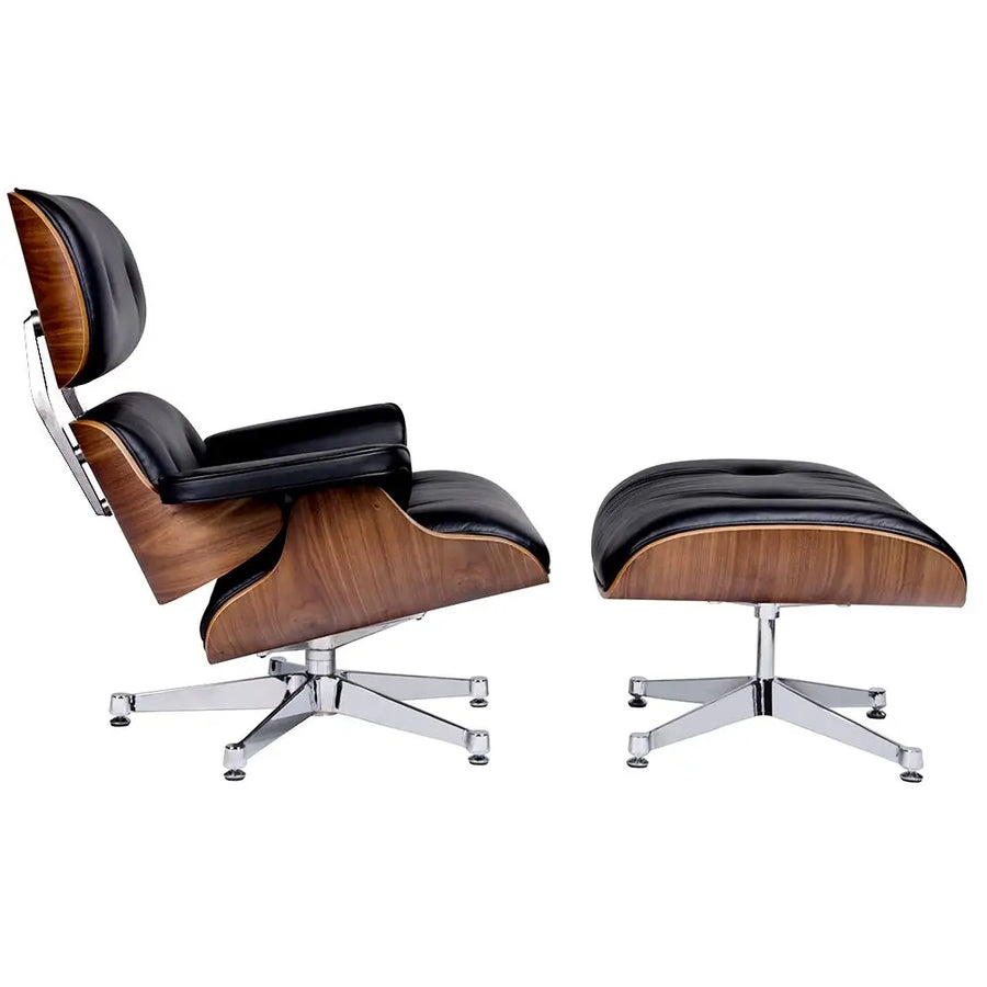 Kontorsstol - LOUNGE PREMIUM, svart naturläder med fotpall i valnöt - produktbild av [MGO] Import King Home från King Home | Arvande