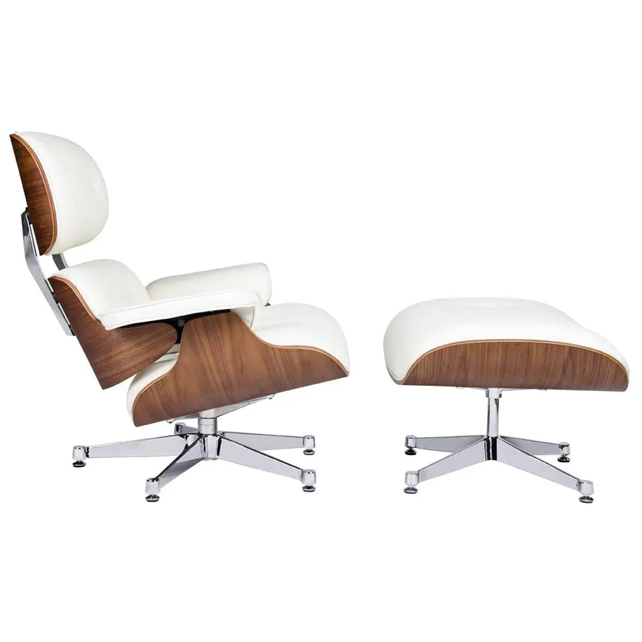 Kontorsstol - LOUNGE PREMIUM, vit naturläder med fotpall i valnöt - produktbild av [MGO] Import King Home från King Home | Arvande