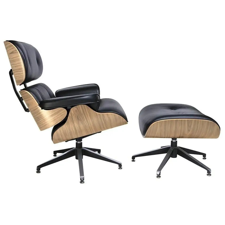 Kontorsstol - LOUNGE, svart naturläder med fotpall i askträ - produktbild av [MGO] Import King Home från King Home | Arvande