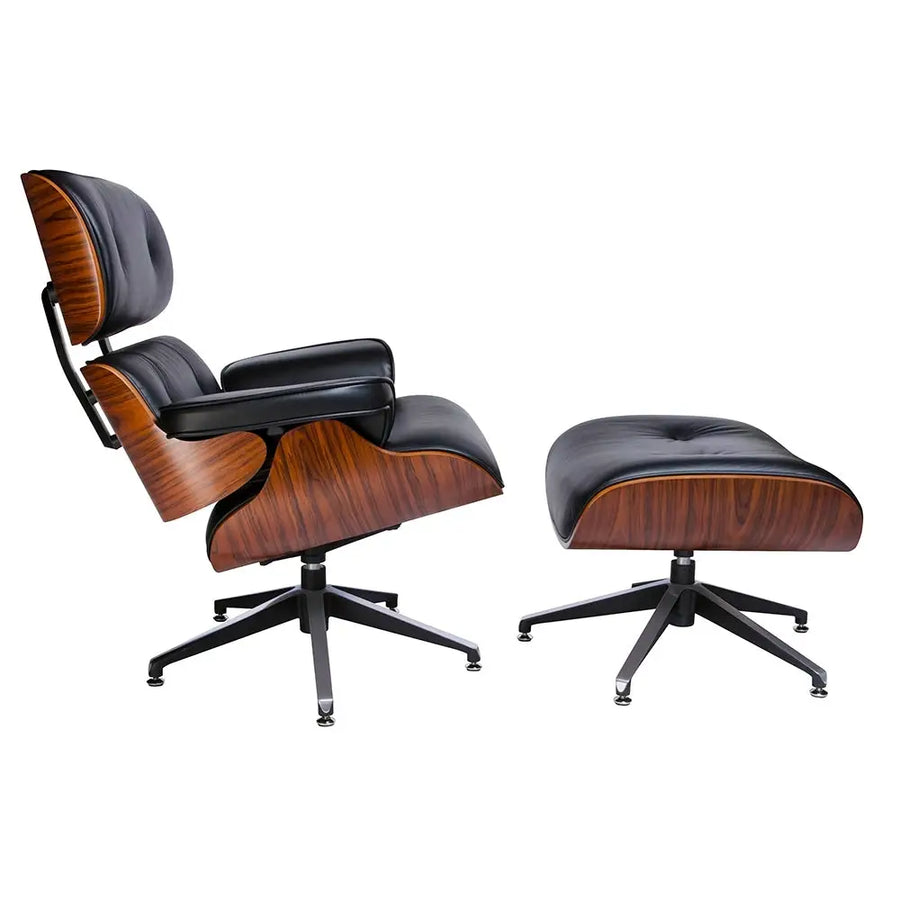 Kontorsstol - LOUNGE, svart naturläder med fotpall i rosenträ - produktbild av [MGO] Import King Home från King Home | Arvande