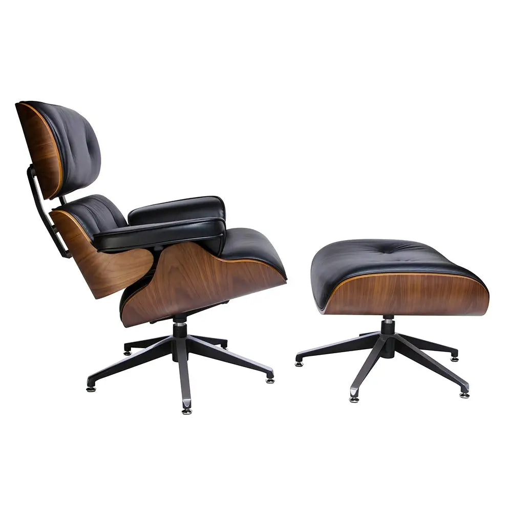 Kontorsstol - LOUNGE, svart naturläder med fotpall i valnöt - produktbild av [MGO] Import King Home från King Home | Arvande