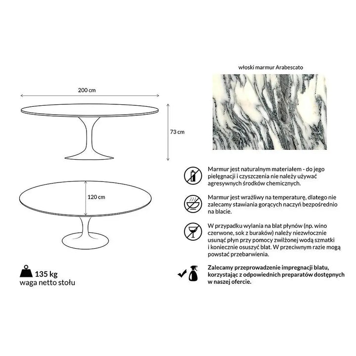 Matbord - TULIP ELLIPSE MARBLE ARABESCATO, italiensk Arabescato-marmor - produktbild av Matbord från King Home | Arvande