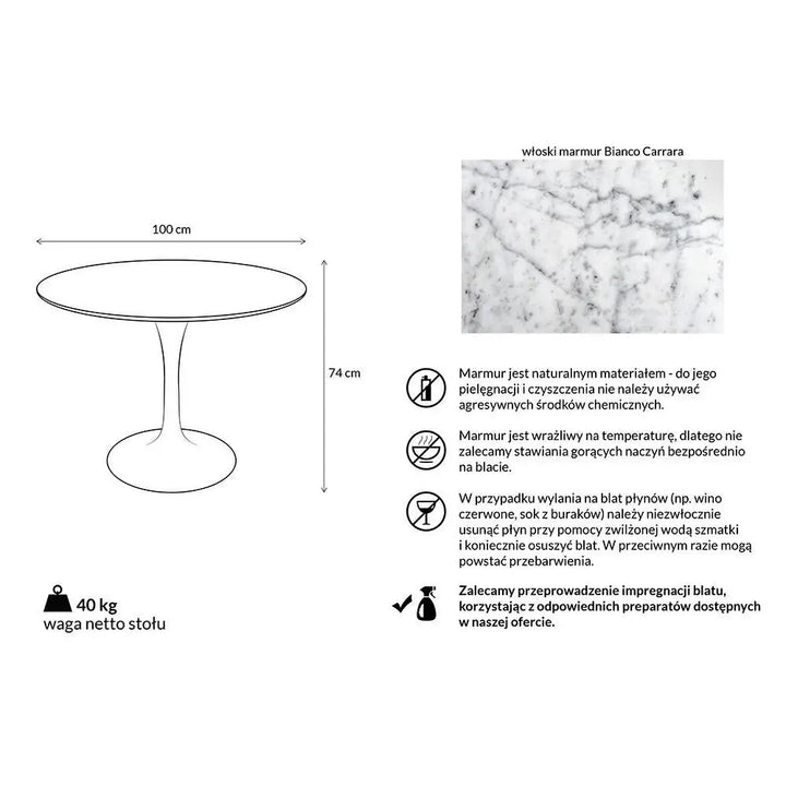 Matbord - TULIP MARBLE 100, italiensk Carrara-marmor - produktbild av Matbord från King Home | Arvande