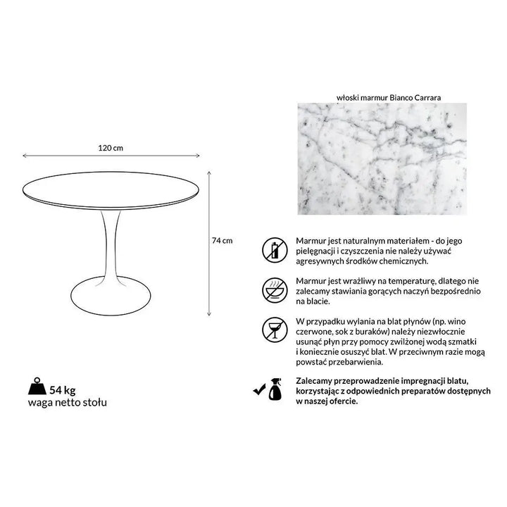 Matbord - TULIP MARBLE 120, italiensk Carrara-marmor - produktbild av Matbord från King Home | Arvande
