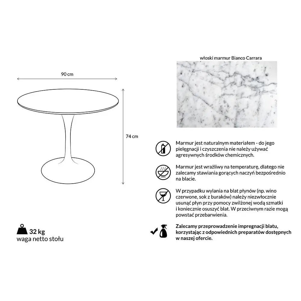 Matbord TULIP MARBLE 90, italiensk Carrara-marmor - produktbild av Matbord från King Home | Arvande