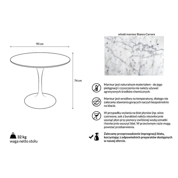Matbord TULIP MARBLE 90, italiensk Carrara-marmor - produktbild av Matbord från King Home | Arvande